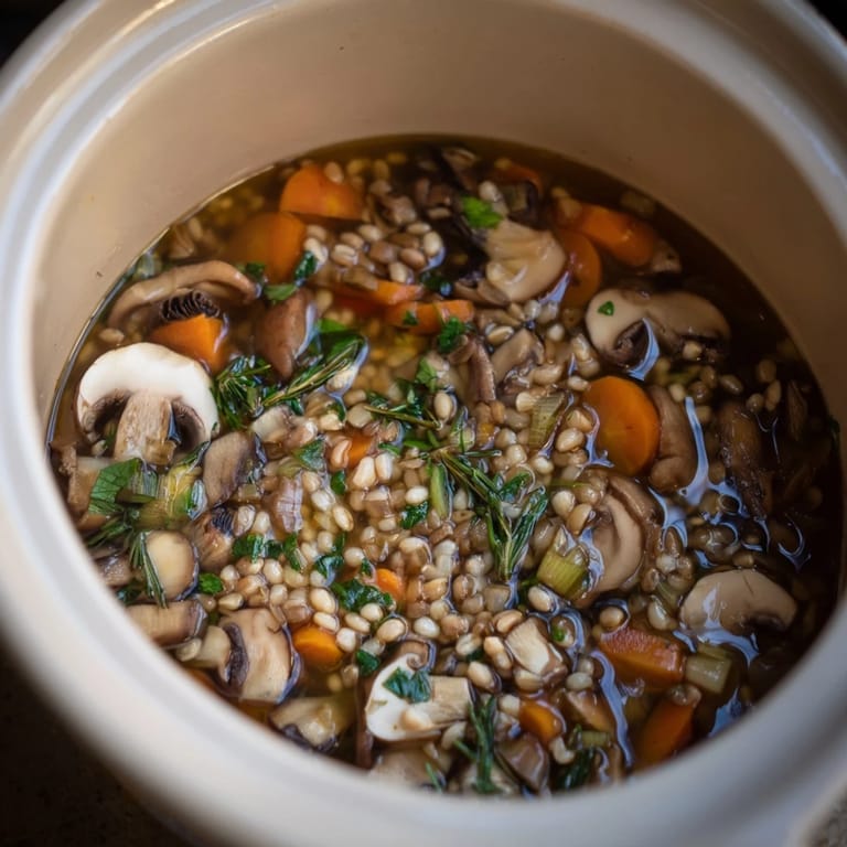 Close-up of a rich, rustic Wild Mushroom and Barley Soup, inviting textures and savory aromas.