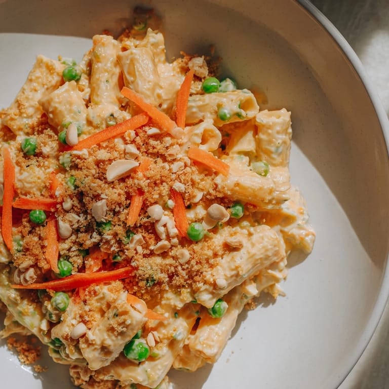 A close-up of a flavorful spicy peanut noodle salad, ready to be enjoyed as lunch.