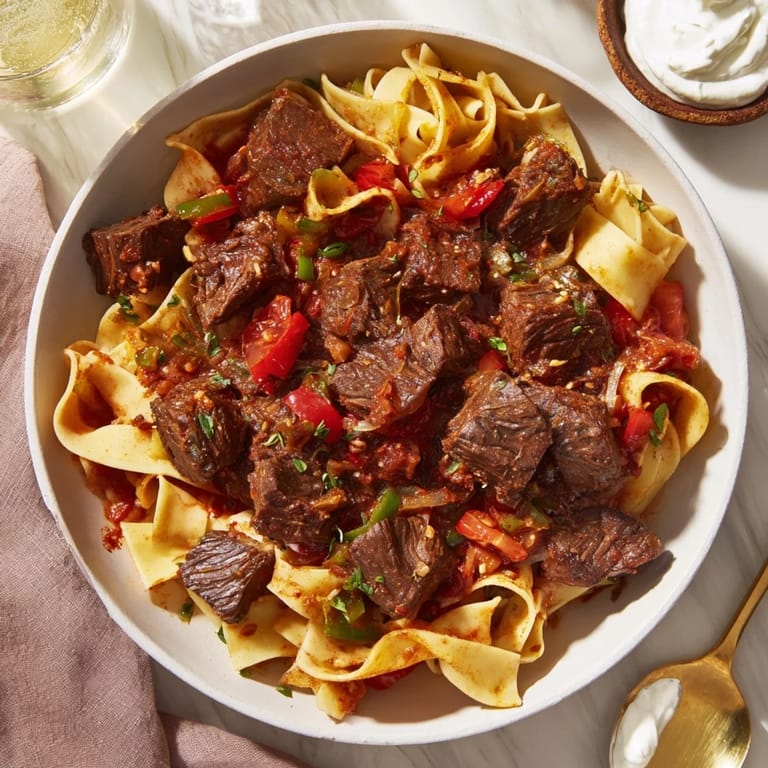 Fork-tender beef in savory Hungarian Goulash sits atop a bed of buttery egg noodles, ready to be enjoyed.