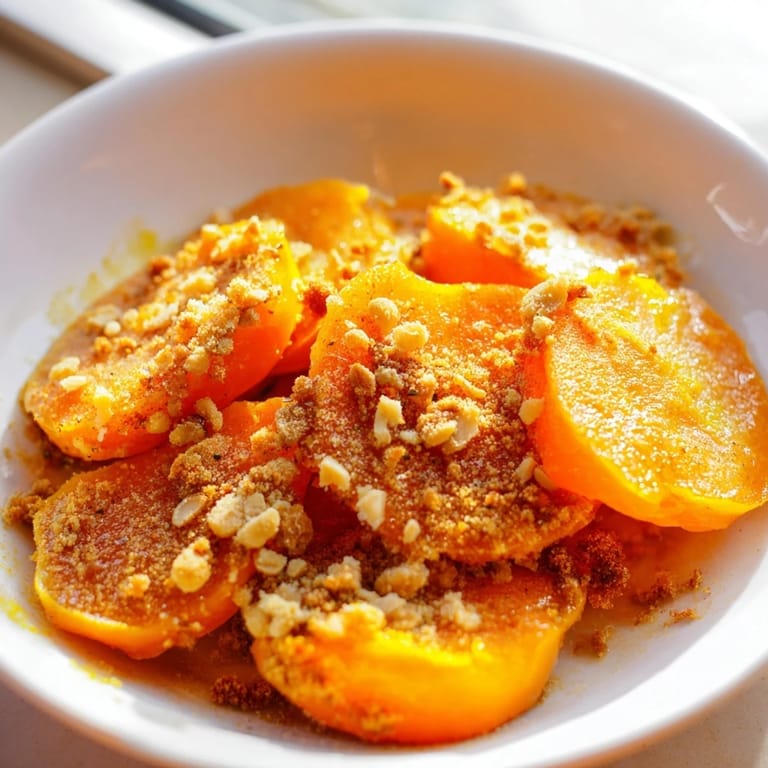 Steaming hot Peach and Ginger Crumble, served with creamy vanilla ice cream, ready to enjoy.