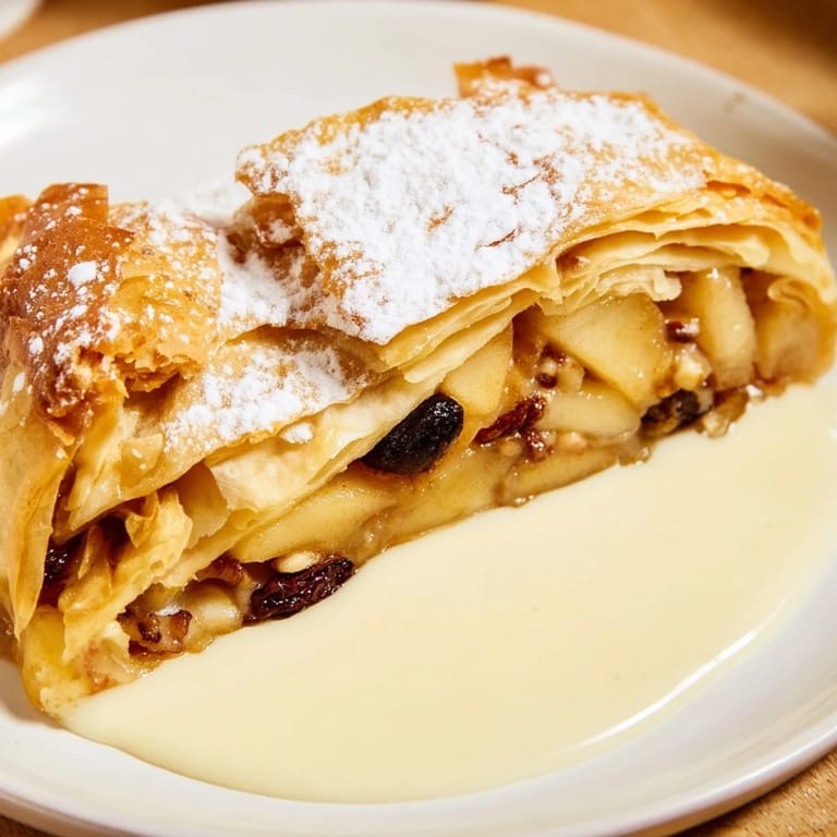 Golden baked Apple Strudel, inviting aroma of cinnamon and apples, perfect for a comforting treat.