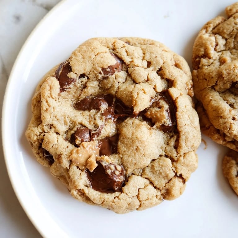 Close-up of golden brown peanut butter chocolate chip cookies, speckled with rich chocolate chips.