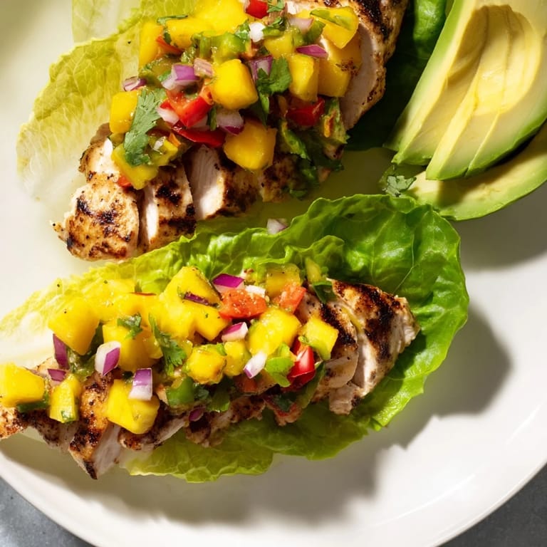 Enjoy a healthy serving of fresh, flavorful Chicken and Mango Salsa Lettuce Wraps for dinner.