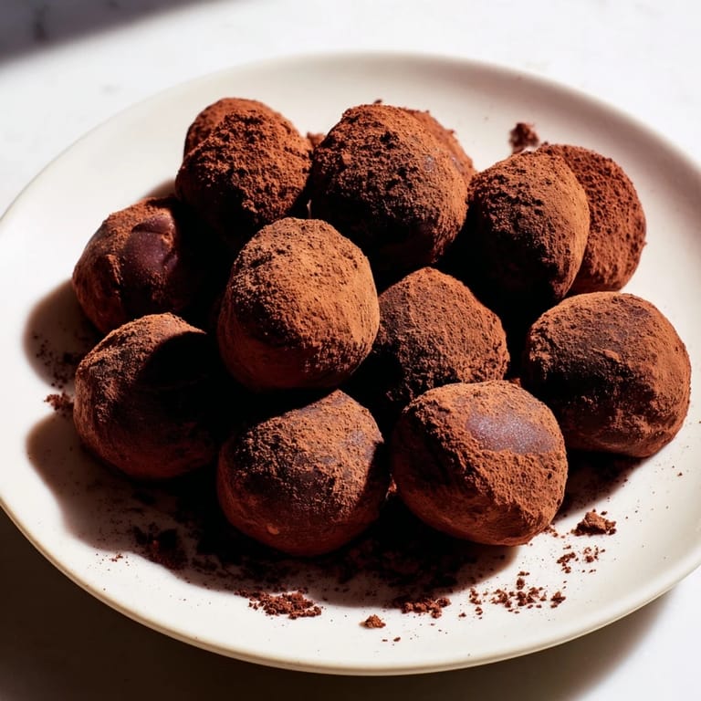 Rich, dark chocolate truffles, hand-rolled and waiting to be savored after a lovely meal.