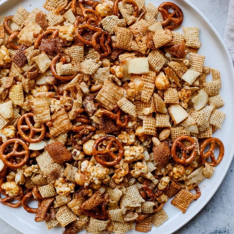 Festive Party Mix featuring pretzels, peanuts, and apple chips, perfect for a holiday snack.