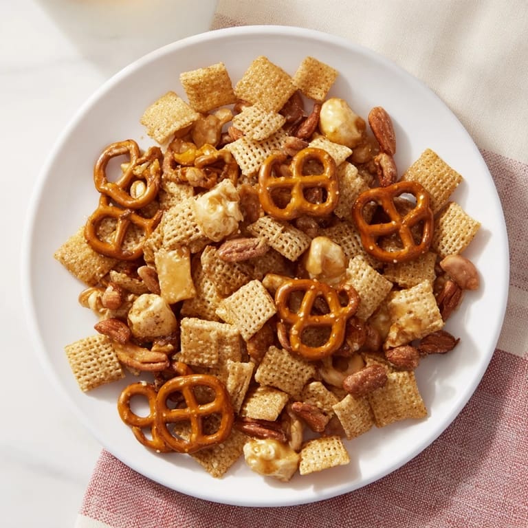 Sweet and savory Party Mix, baked to crispy perfection for delicious bites at any gathering.