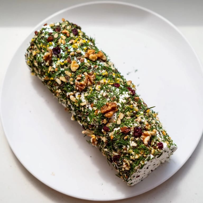 Vibrantly coated Winter Snowdrift Goat Cheese Log, perfect appetizer for sharing with friends and family.