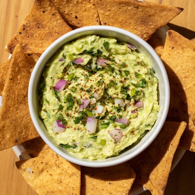 Close-up of baked pita chips alongside creamy guacamole, a perfect pairing for this easy, flavorful bowl.
