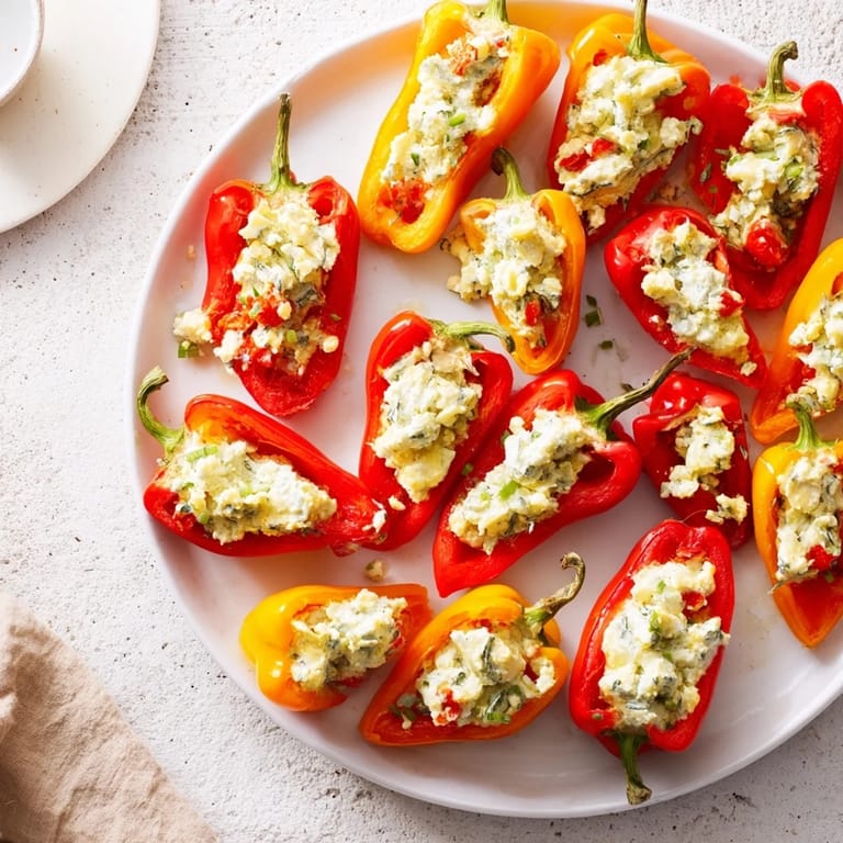 Colorful, freshly made mini bell pepper halves with feta filling, a flavorful vegetarian appetizer option.