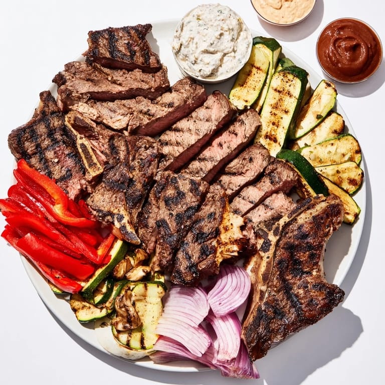 Enjoy The Backyard BBQ Companion: smoky grilled meats piled high with vibrant grilled vegetables, perfect for sharing.