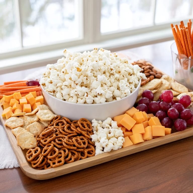 Beautifully arranged Movie Night Munchie Board with pretzels, cheese, and grapes, perfect for movie-time snacking.