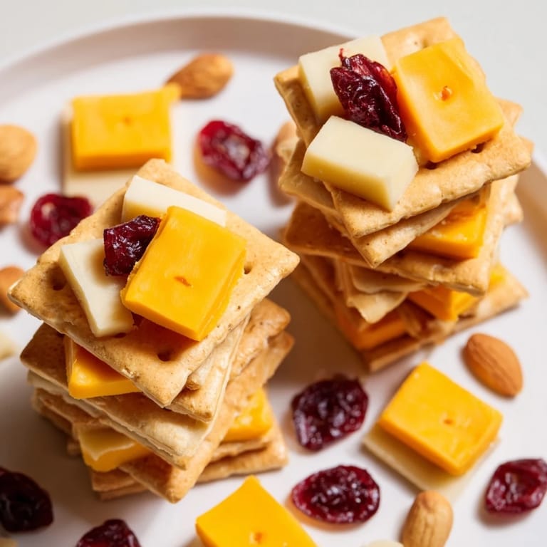 Ready-to-eat Work From Home Desk Treat arranged on a tray, with cheddar and Swiss cheese on crackers.