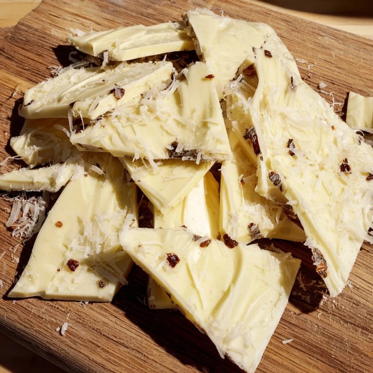 A light wood board holds this The Arctic Tundra dessert, with brittle white chocolate "ice" and savory parmesan.