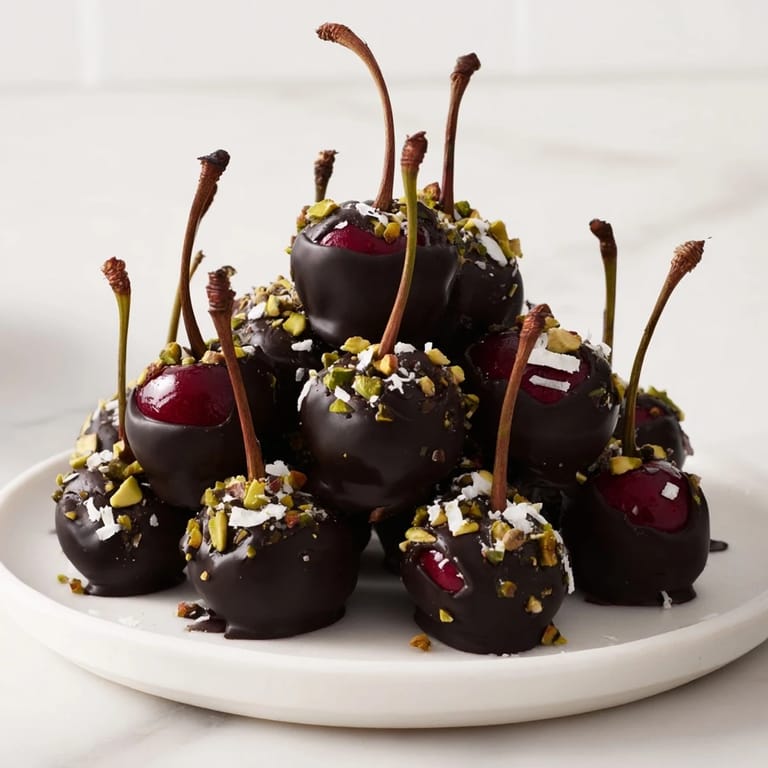 Beautiful pyramid of vibrant chocolate-covered cherry dessert bites, a delightful vegetarian dessert option.