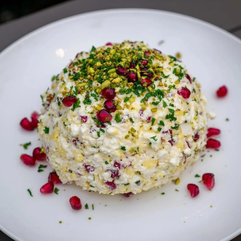 Festive Royal Orb cheese ball featuring creamy cheeses, vibrant pomegranate seeds, and crunchy pistachios: delicious!
