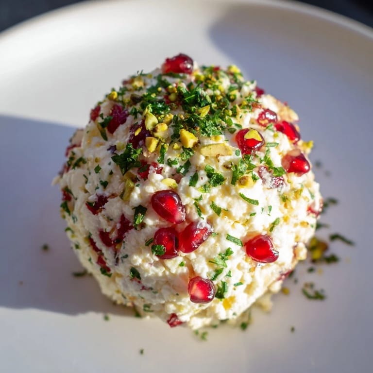 A gourmet platter displays the rich Royal Orb cheese ball with a sparkling, jeweled pomegranate and pistachio coating.