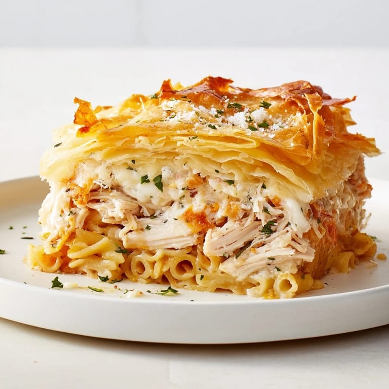 A close-up reveals layers of crispy phyllo and creamy, cheesy filling in this Chicken and Pasta Crinkle Cake.