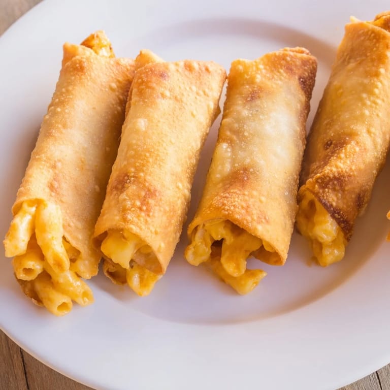 Air-fried Tinis Mac and Cheese Lumpia Rolls, a fun appetizer with melted cheese and crispy exteriors.