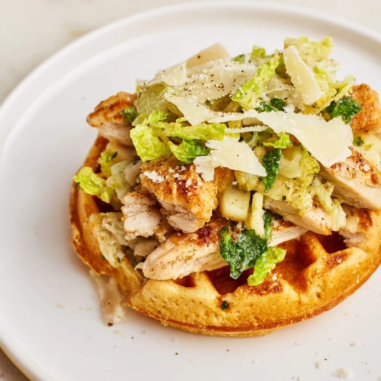 A close-up of a delicious Chicken Caesar Waffle Sandwich, showcasing the fluffy waffle exterior and the layers.