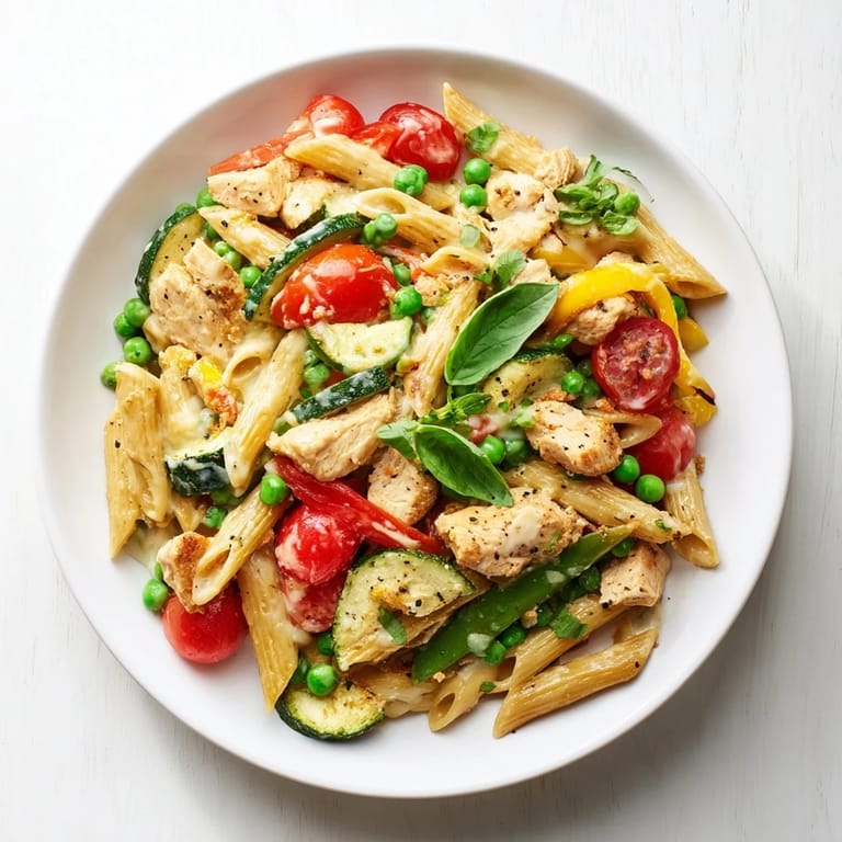 Close-up on the delicious The Last Bite Chicken Pasta, showing tender chicken and colorful vegetables.