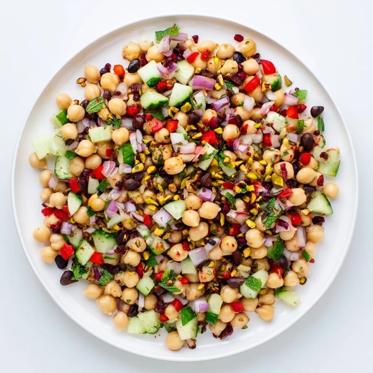 This chilled Dense Bean Salad showcases a beautiful mix of beans, vegetables, and a cacao drizzle.