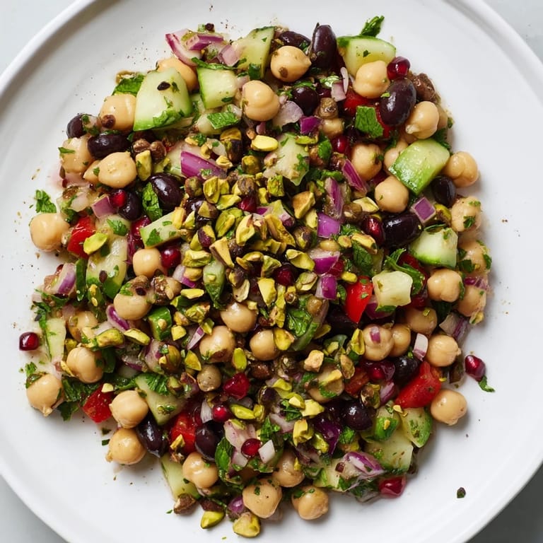 A colorful bowl of Dense Bean Salad, featuring pistachios and a hint of Dubai chocolate flavor.