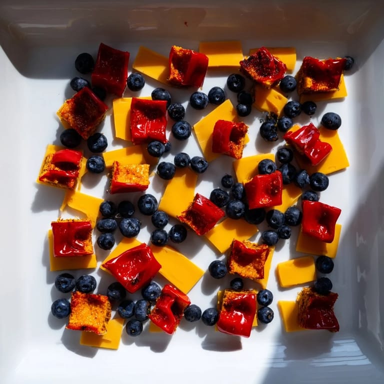 A close-up of The Bauhaus Block appetizer presents colorful, geometric squares and a fresh, simple dish.