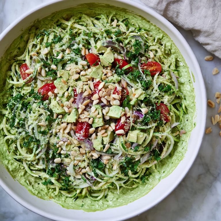 Bowl of Green Goddess Zoodle Pasta, featuring zucchini noodles in a bright, herby sauce, ready to serve.