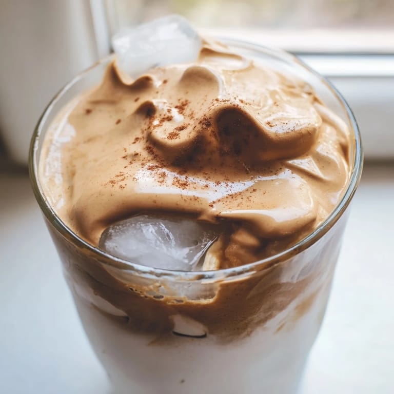 Swirls of fluffy Brown Sugar Dalgona Latte coffee mixture provide a sweet contrast to cold milk.