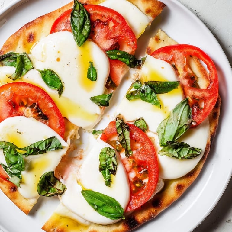 Crispy Quick Margherita Naan Pizza flatbread: a warm slice, topped with bubbling cheese and basil.