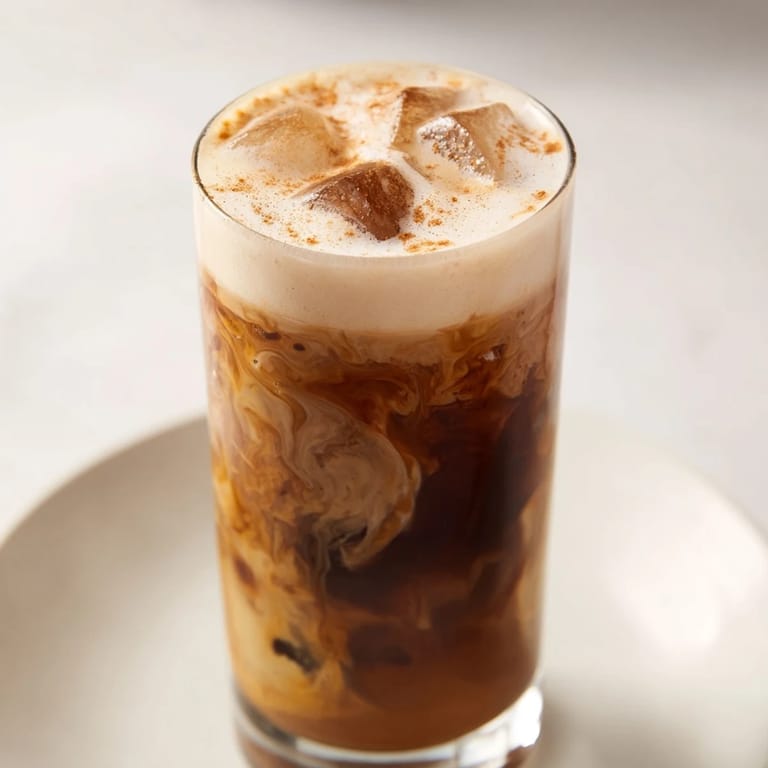 This Iced Brown Sugar Oat Latte shows off a creamy texture with a swirl of brown sugar syrup and ice cubes.
