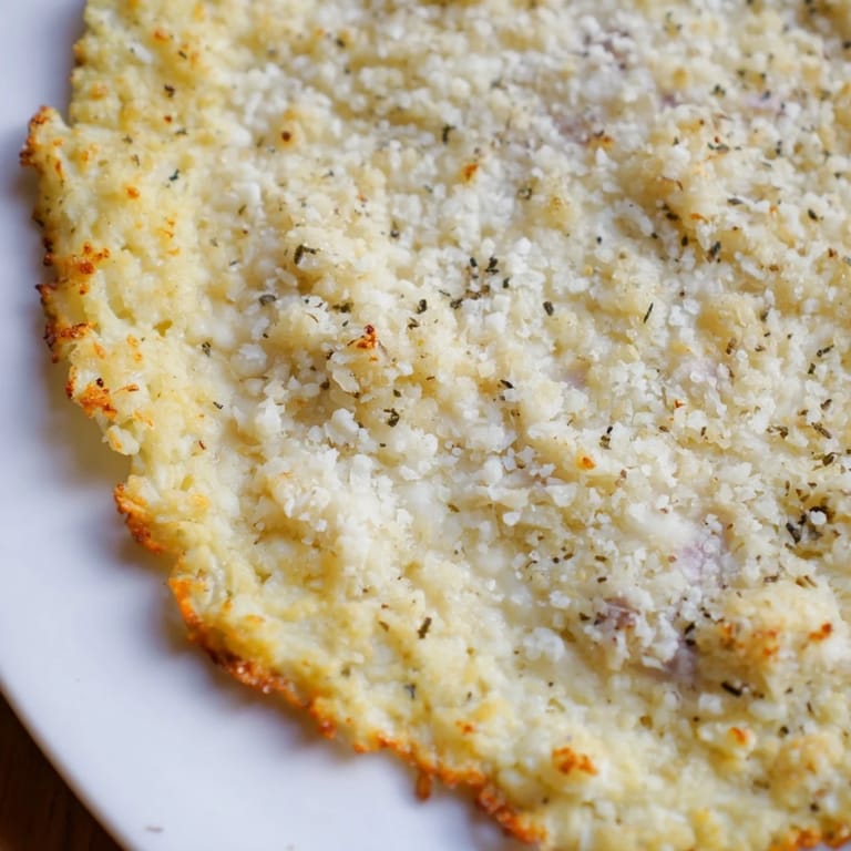This simple cauliflower pizza crust, light and airy, waiting to be loaded with toppings and baked.