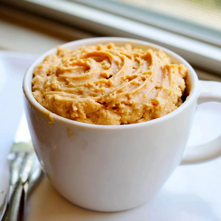 Fluffy and moist 2-Minute Peanut Butter Mug Cake, smelling of rich peanuts, fresh from the microwave.
