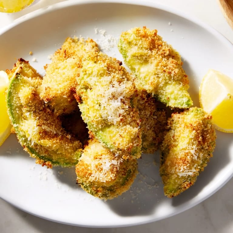 Perfectly golden, crispy baked avocado fries, fresh from the oven, offering a delightful crunch.