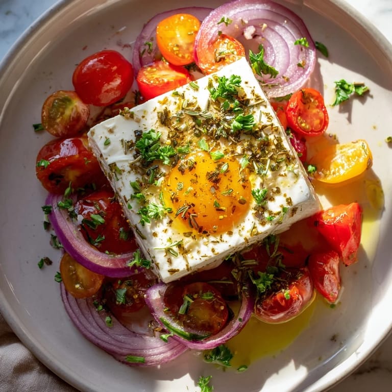 Golden-yolked eggs surround a creamy feta block baked in this delicious Mediterranean Baked Feta & Eggs dish!