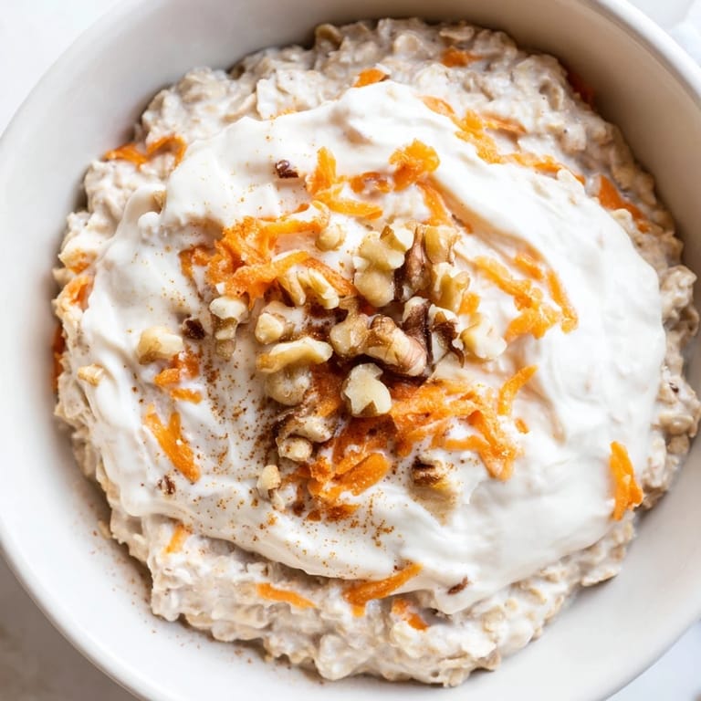 Overnight oats recipe showcasing a jar of Carrot Cake Overnight Oats with a swirl of cream cheese frosting.