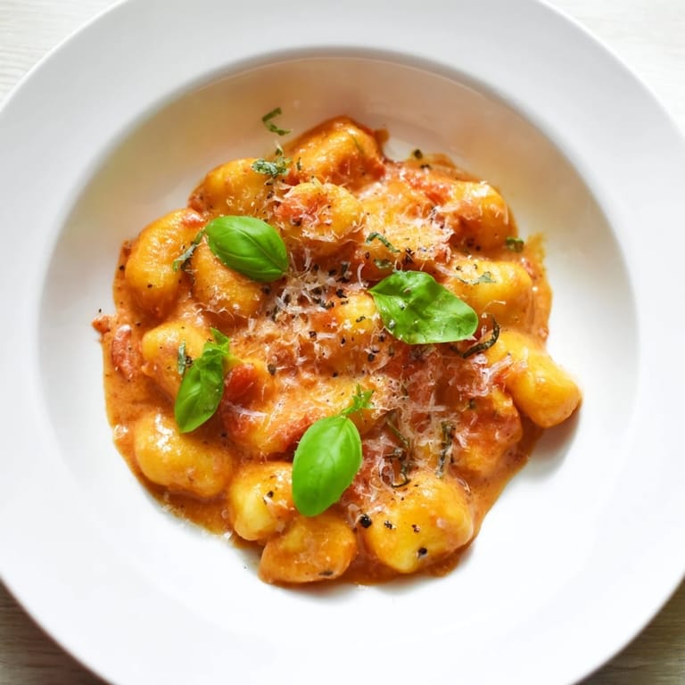 Warm, creamy Creamy Tomato Gnocchi, garnished with basil and Parmesan, is ready to be devoured.