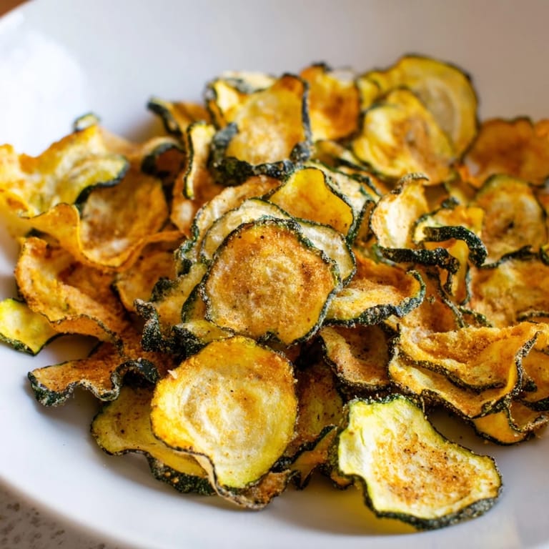 A close-up of beautifully browned Crispy Zucchini Chips, showcasing their delightful texture and flavor.