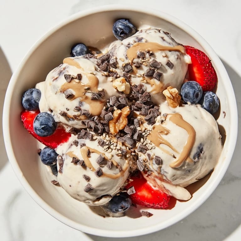 A close-up of a perfectly frozen Protein Ice Cream Bowl, ready for delicious toppings and enjoyment.
