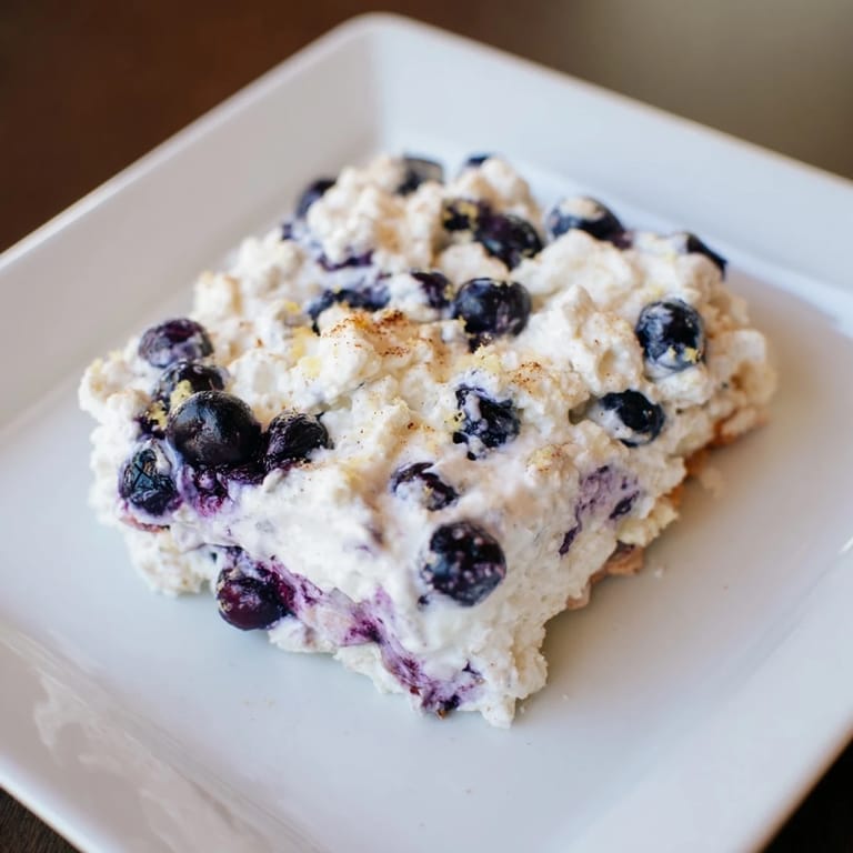 Golden-brown Blueberry Cottage Cheese Bake, baked to fluffy perfection, with visible bursts of juicy blueberries.