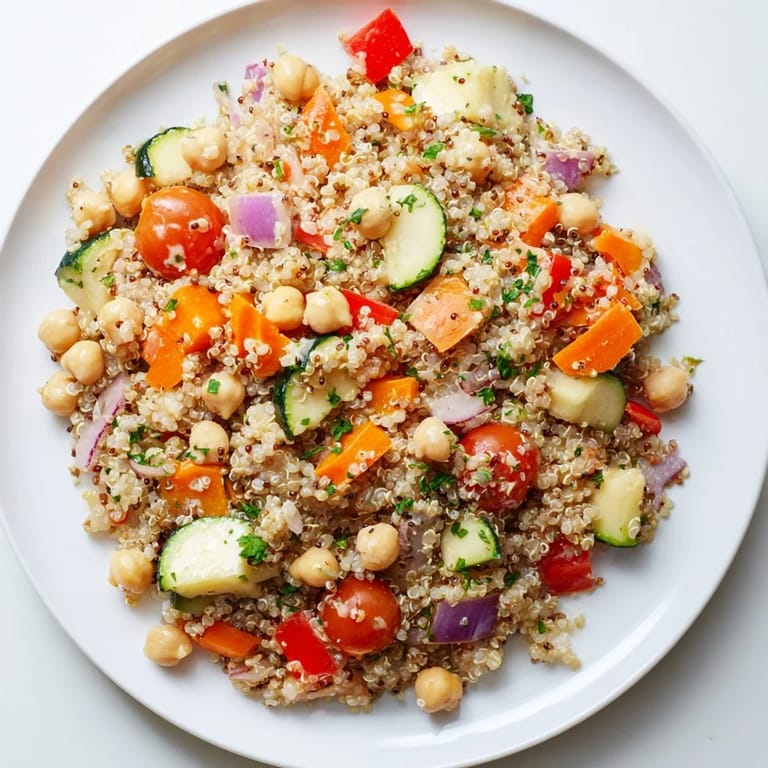 A colorful quinoa power salad: fluffy grains, chickpeas, and a bright tahini-lemon dressing.