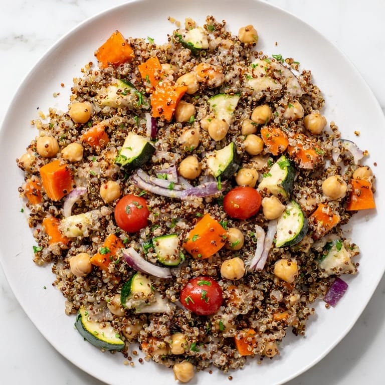 Freshly tossed quinoa power salad: a nutritious mix of roasted vegetables and zesty dressing.