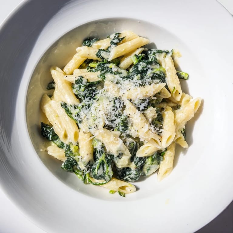 A steaming bowl of creamy spinach pasta, sprinkled with Parmesan, offering a delightful aroma.