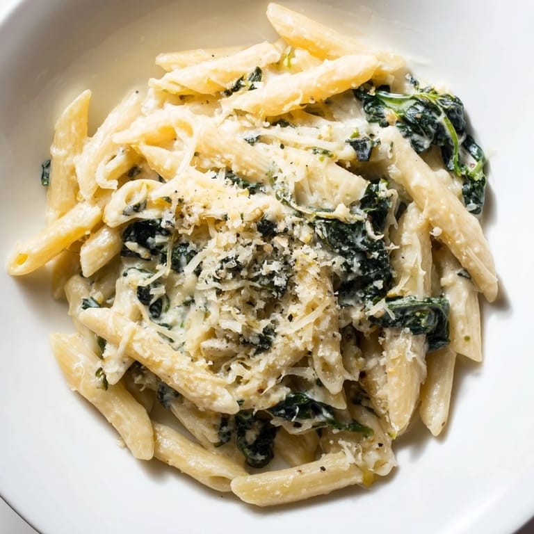 Golden penne coated in creamy spinach pasta sauce, inviting you to enjoy this comforting dish.