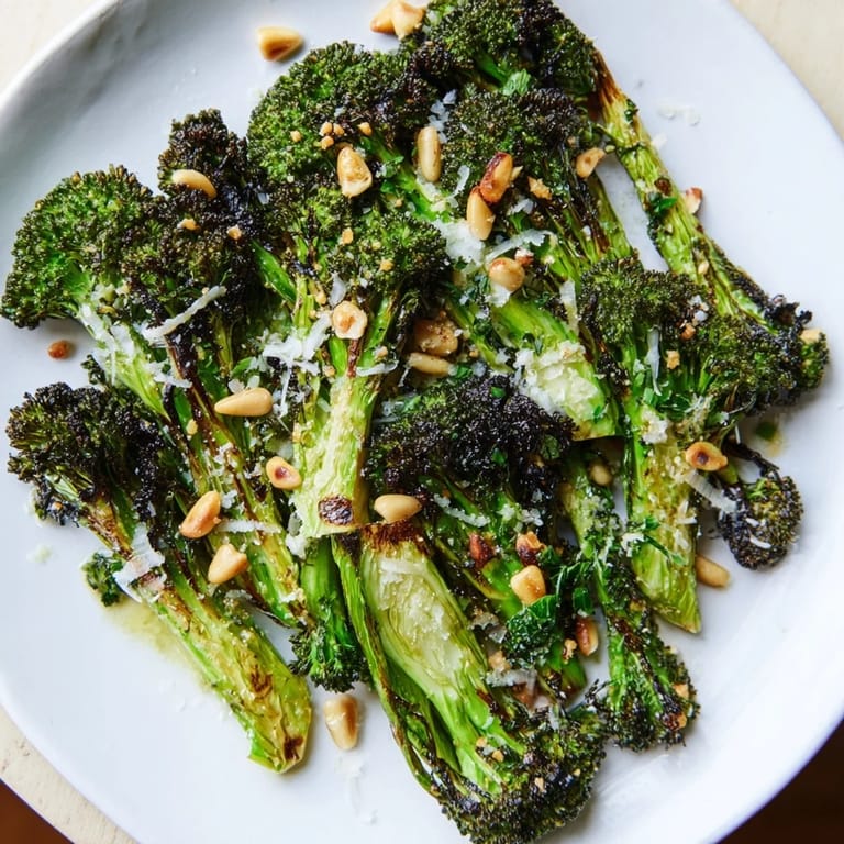 Fresh, colorful image of charred broccoli salad with crunchy nuts and savory Parmesan.