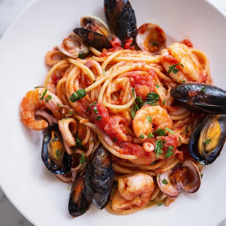 Enjoy a comforting plate of Seafood Marinara Pasta, with tender squid and scallops over linguine.