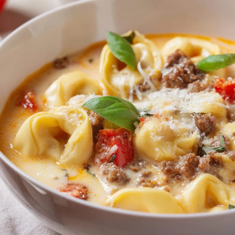 Grated Parmesan cheese garnishes a flavorful, hearty bowl of Tortellini Beef Soup, perfect for a chilly evening.