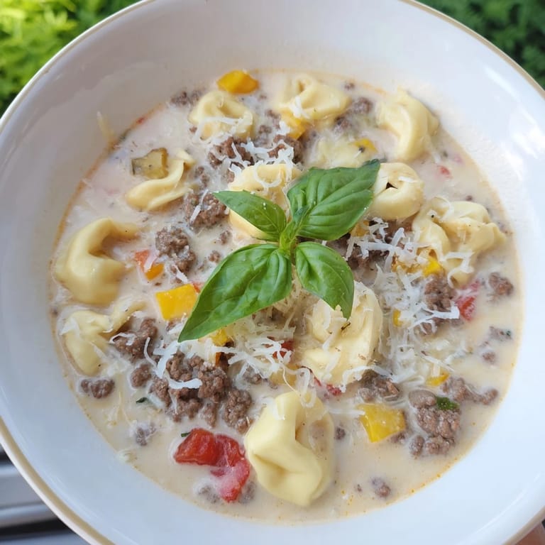 Close-up of a cheesy, creamy Tortellini Beef Soup, showcasing ground beef and vegetables for a comforting meal.
