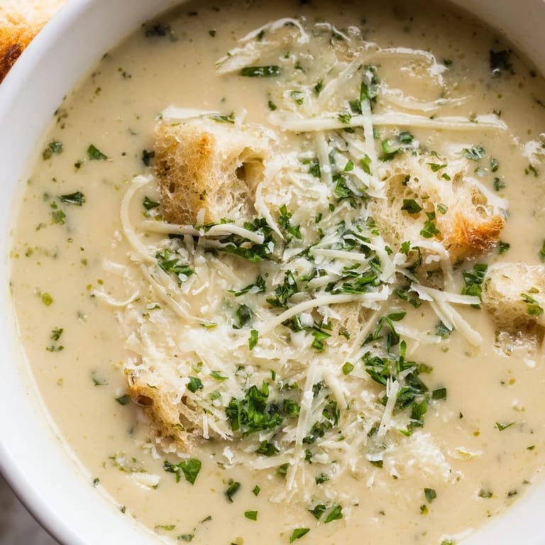 A warm bowl of Creamy Garlic Bread Soup, rich with cream and golden-brown bread.