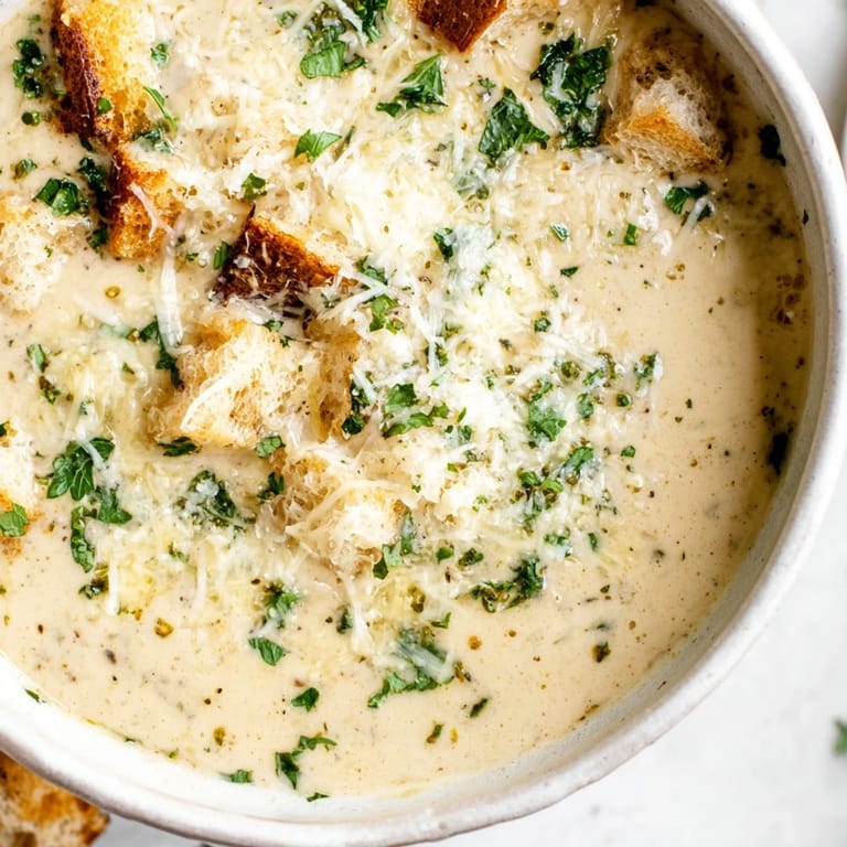 Enjoy a steaming spoonful of Creamy Garlic Bread Soup bursting with comforting flavors.